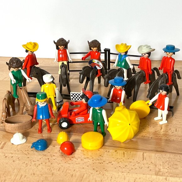 Vintage Playmobile 1974 Toy Lot Figures Cowboy Western Horses Go Cart Racer Lot - Picture 1 of 13